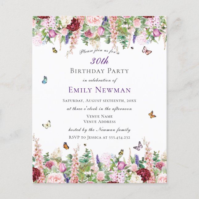 Budget Floral 30th Birthday Party Invitation (Front)
