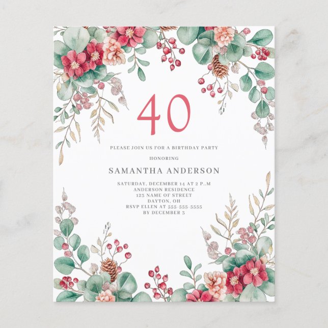 Budget  Floral 40th Birthday Invitation Flyer (Front)
