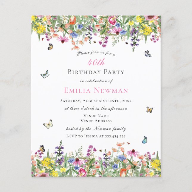 Budget Floral 40th Birthday Party Invitation (Front)