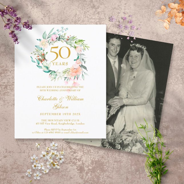 Budget Floral 50th Anniversary Photo Invitation (Creator Uploaded)