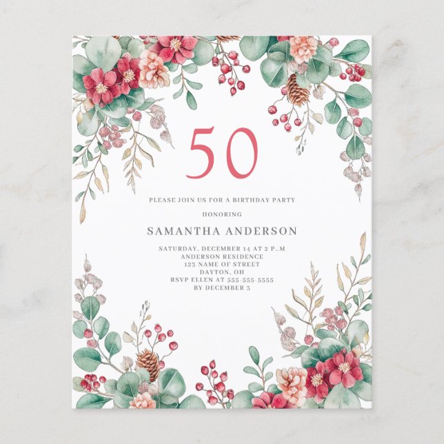 Budget  Floral 50th Birthday Invitation Flyer (Front)