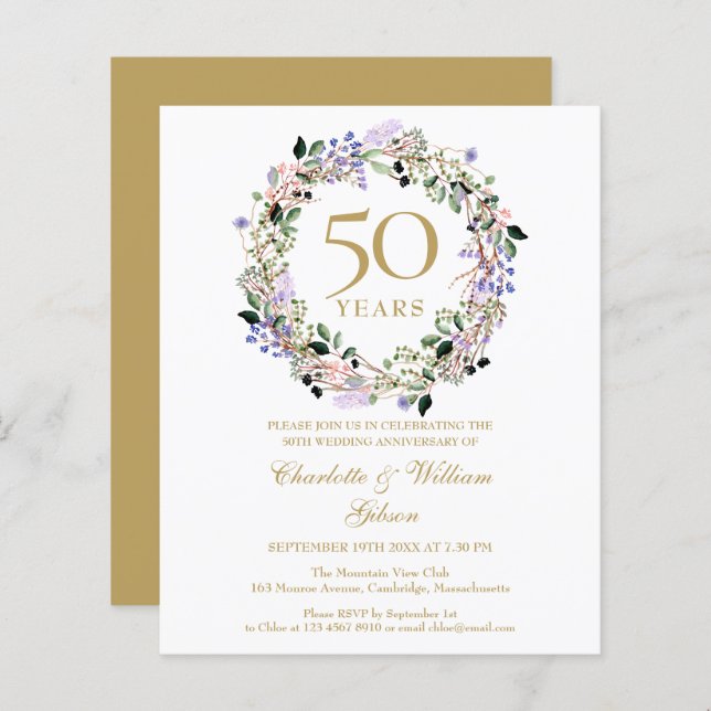 Budget Floral 50th Wedding Anniversary Invitation (Front/Back)
