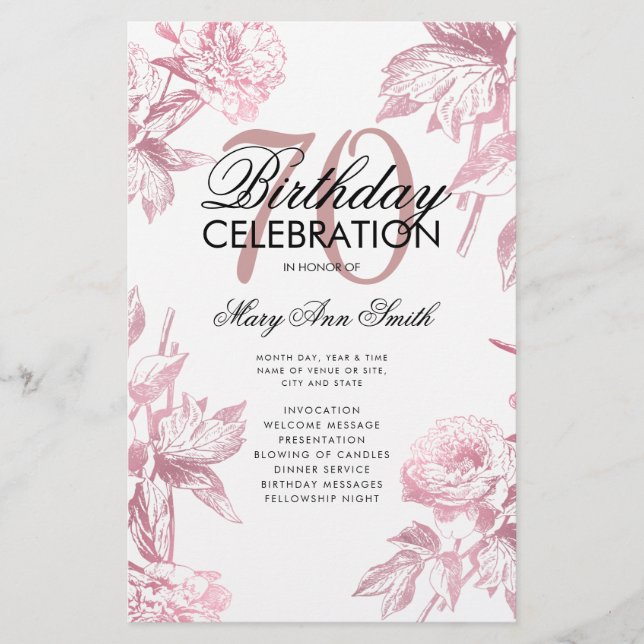 Budget Floral 70 Birthday Program Rose Gold  Flyer (Front)