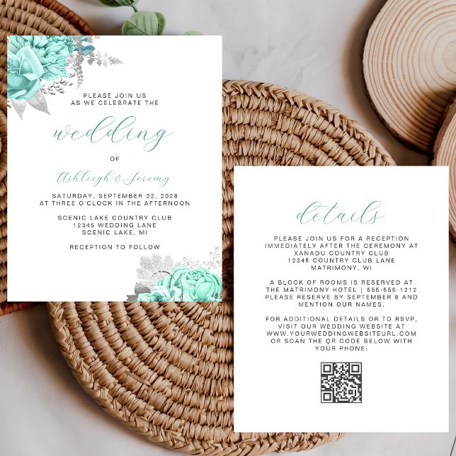 Budget Floral Aqua Silver QR Code Wedding Invite (Creator Uploaded)