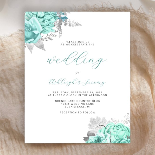 Budget Floral Aqua Silver Script Wedding Invite (Creator Uploaded)