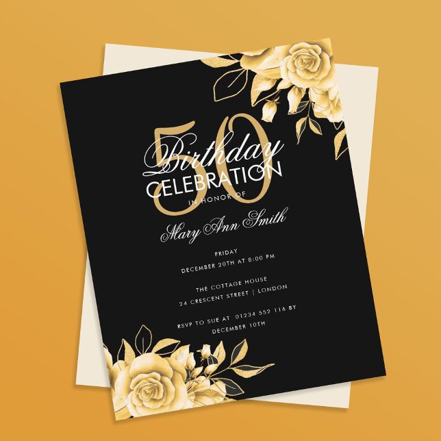 Budget Floral Birthday Party Elegant Gold & Black (Creator Uploaded)