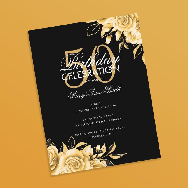 Budget Floral Birthday Party Elegant Gold & Black Postcard (Creator Uploaded)