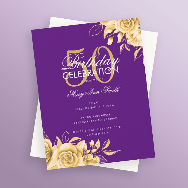 Budget Floral Birthday Party Elegant Gold & Purple Invitation (Creator Uploaded)