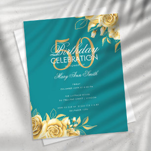 Budget Floral Birthday Party Elegant Gold & Teal Flyer