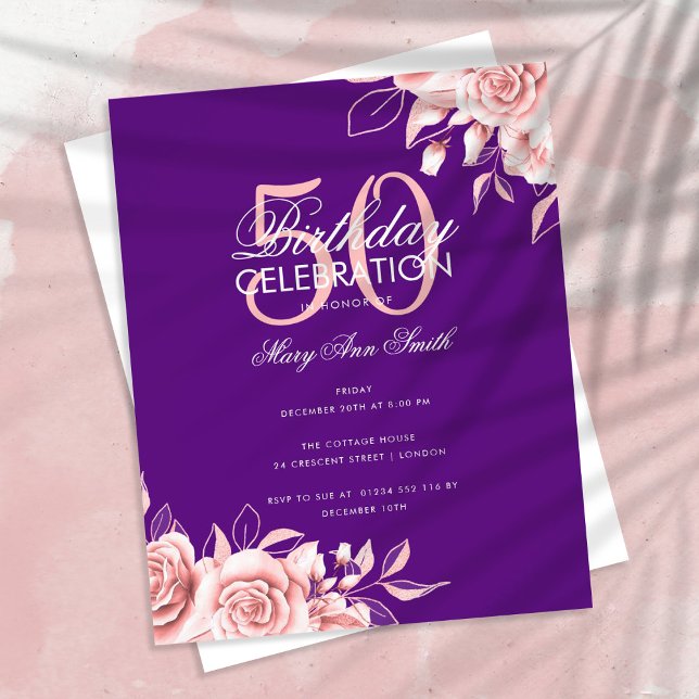 Budget Floral Birthday Party Rose Gold & Purple  Flyer (Creator Uploaded)
