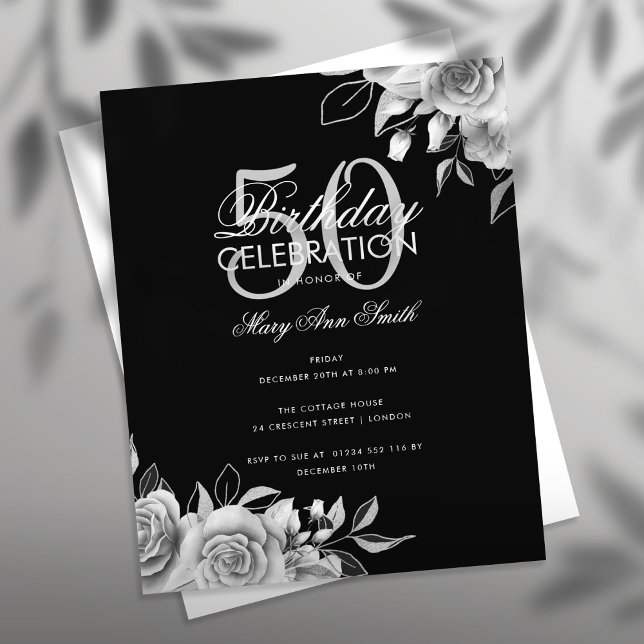 Budget Floral Birthday Party Silver & Black Flyer (Creator Uploaded)
