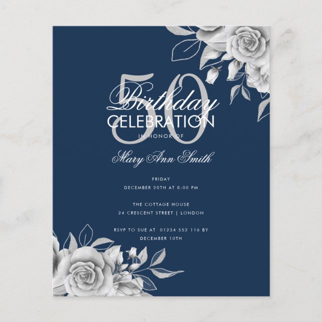 Budget Floral Birthday Party Silver & Navy  (Front)