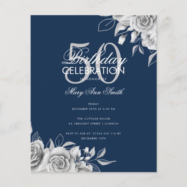 Budget Floral Birthday Party Silver & Navy  Flyer (Front)