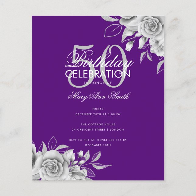 Budget Floral Birthday Party Silver & Purple  (Front)