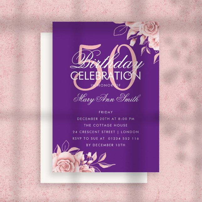 Budget Floral Birthday Rose Gold & Purple Invite (Creator Uploaded)