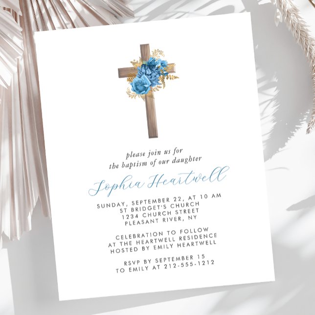 Budget Floral Blue Gold Cross Baptism Invite (Creator Uploaded)