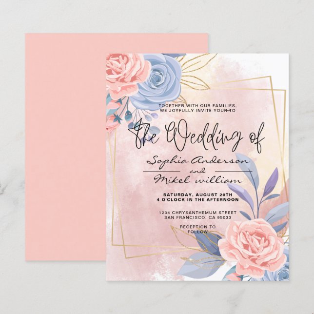 Budget Floral Blue & Pink Brush wedding Invitation (Front/Back)