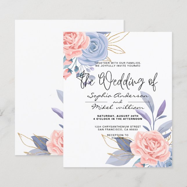Budget Floral Blue& Pink Golden wedding Invitation (Front/Back)
