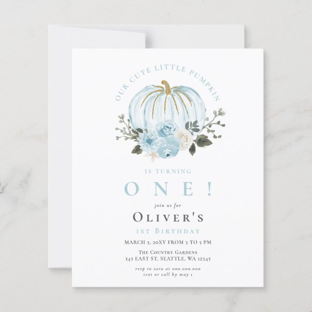 Budget Floral Blue Pumpkin Boy Fall Birthday  (Front)