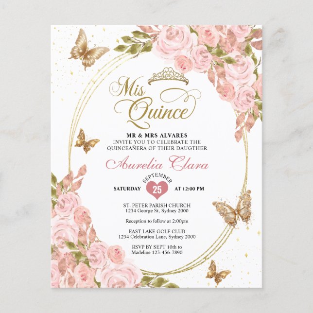 BUDGET Floral Blush Pink Gold Butterfly Mis Quince (Front)