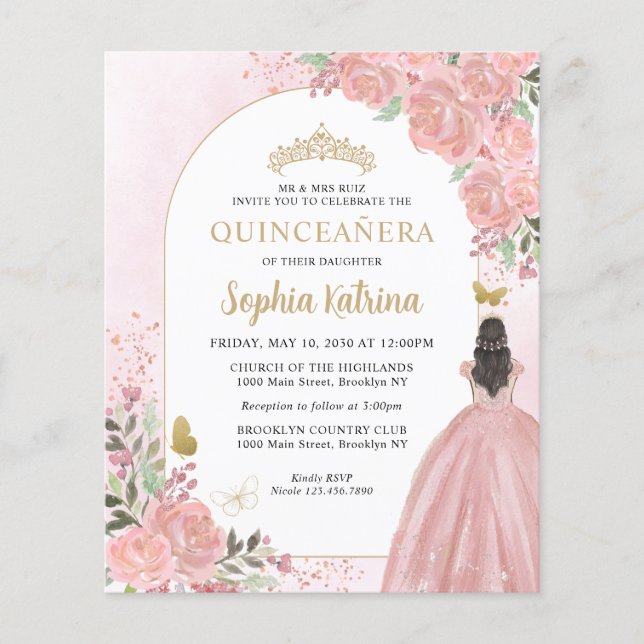 Budget Floral Blush Pink Gold Princess Quinceanera (Front)