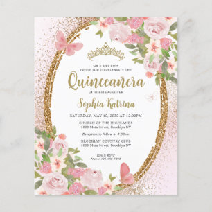 Budget Floral Blush Pink Gold Tiara Quinceañera Flyer