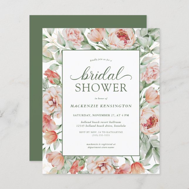 BUDGET Floral Blush Sage Green Bridal Shower (Front/Back)