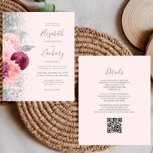 Budget Floral Blush Silver Glitter QR Code Wedding