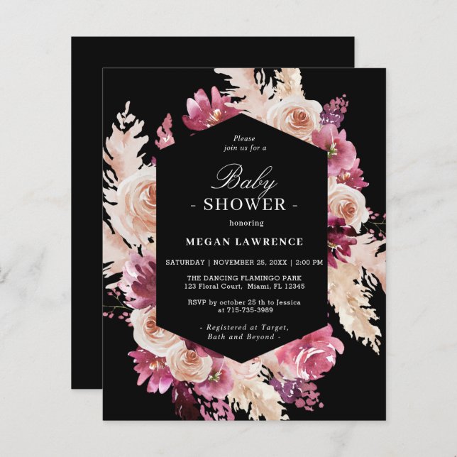 Budget Floral Boho Baby Shower Black Invitation (Front/Back)