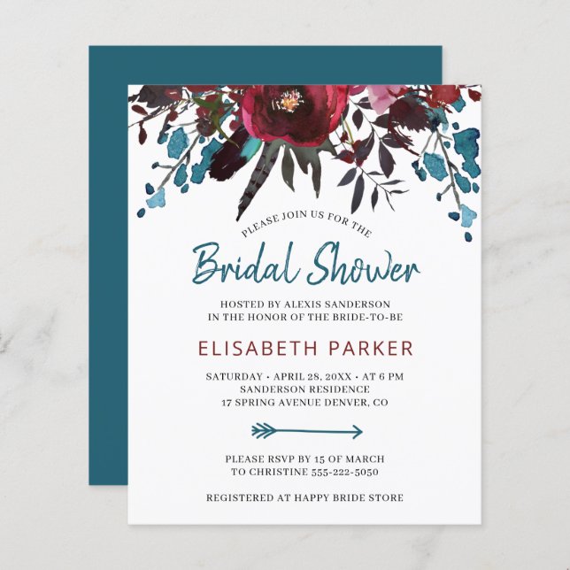 Budget floral boho blue bridal shower invitations (Front/Back)