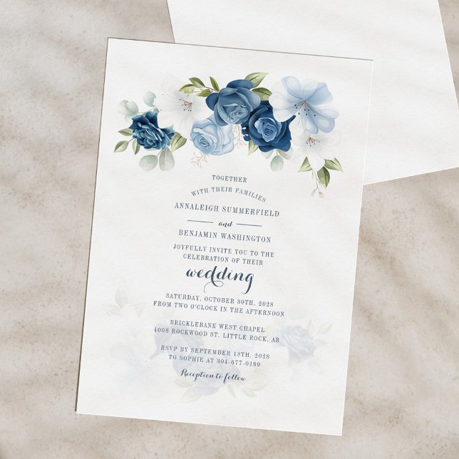 Budget Floral Botanical Dusty Blue Wedding Invite (Elegant Floral Dusty Blue Bloom Script Wedding Invitation)