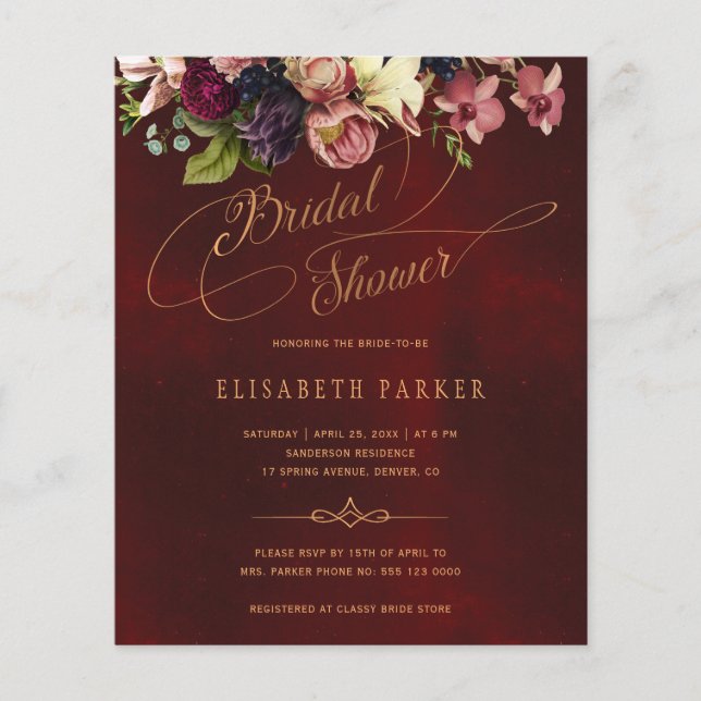 Budget floral burgundy bridal shower invitation flyer (Front)