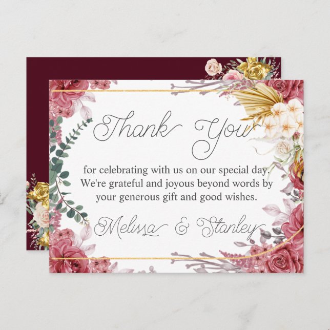 Budget Floral Burgundy Gold Eucalyptus Thank You Postcard (Front/Back)