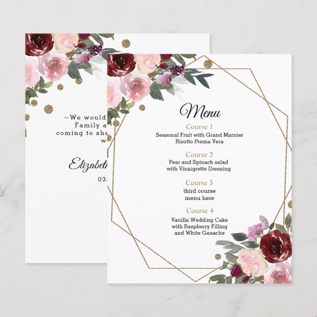 Budget Floral Burgundy Gold Geometric Wedding Menu (Front/Back)