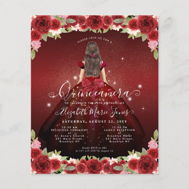 Budget Floral Burgundy Gold Princess Quinceanera (Front)