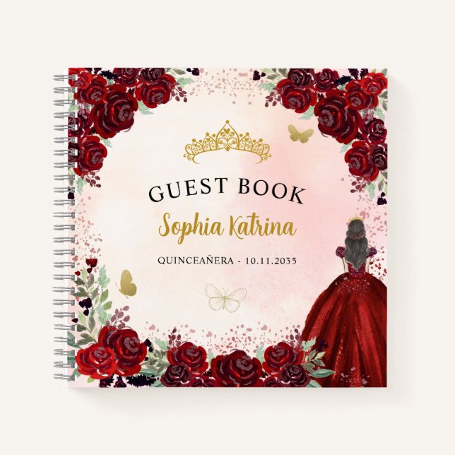 Budget Floral Burgundy Gold Quinceanera Guestbook Notebook (Front)