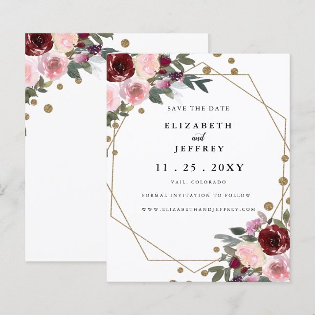 Budget Floral Burgundy Gold Save The Date  (Front/Back)