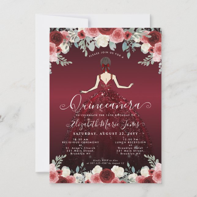 Budget Floral Burgundy Gown Birthday Quinceanera Card (Front)