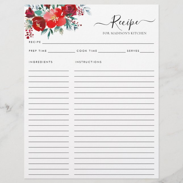 Budget Floral Burgundy Holly Leaves Holiday Recipe Flyer (Front)