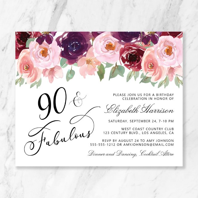 Budget Floral Burgundy Pink 90th Birthday Party (Creator Uploaded)