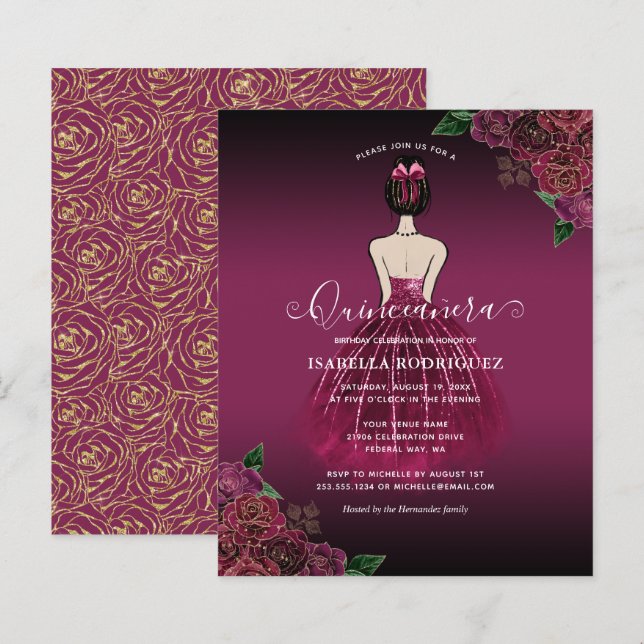 Budget Floral Burgundy Princess Gold Quinceañera (Front/Back)