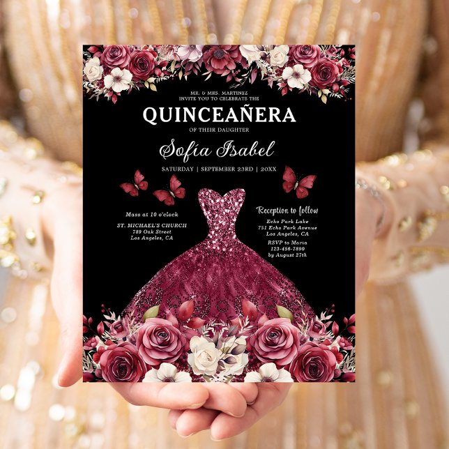 Budget Floral Burgundy Princess Quinceanera Flyer (Creator Uploaded)