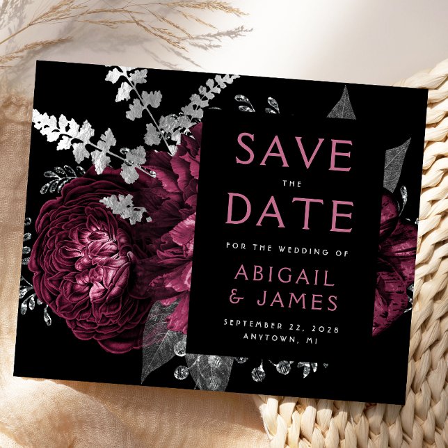 Budget Floral Burgundy Silver Save the Date (Creator Uploaded)