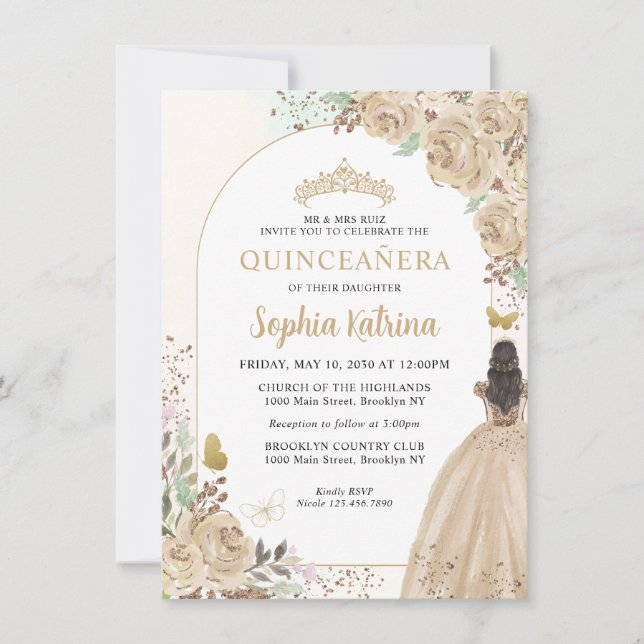 Budget Floral Champagne Gold Princess Quinceanera Card (Front)