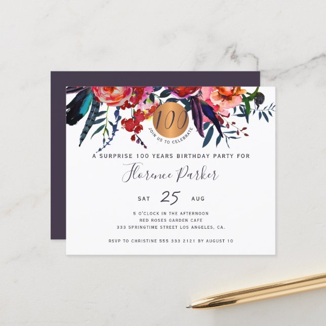 Budget floral chic 100th birthday party invitation (Front/Back In Situ)