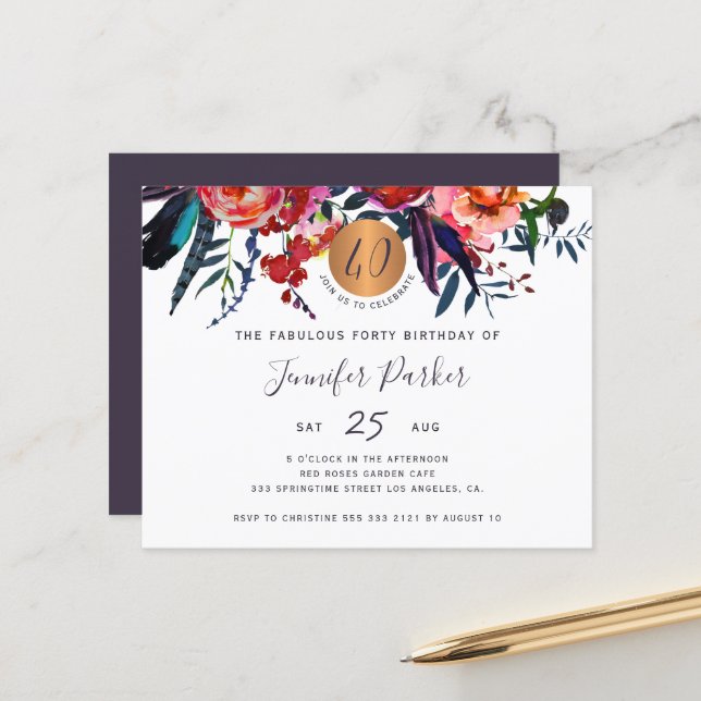 Budget floral chic 40th birthday party invitation (Front/Back In Situ)
