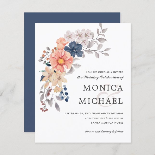 BUDGET Floral Chic Coral PINK Blue Wedding (Front/Back)