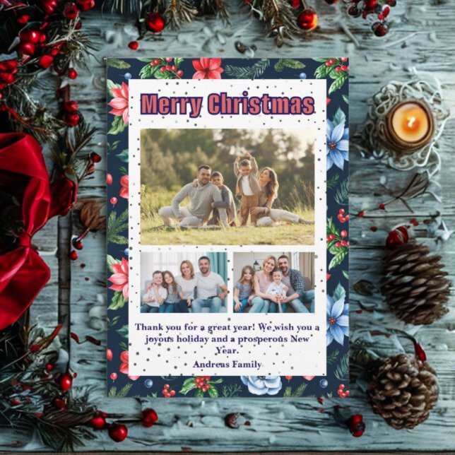 Budget Floral Christmas Plaid 3 Photo Holiday Card (Creator Uploaded)