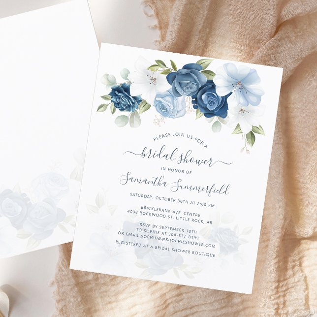 Budget Floral Dusty Blue Bridal Shower Invitation (Elegant Floral Dusty Blue Watercolor Script Bridal Shower Invitation)