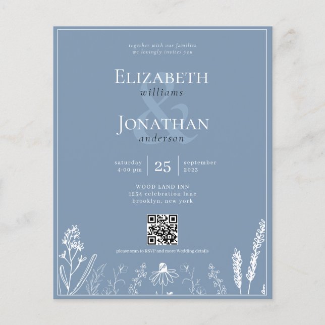 BUDGET Floral Dusty Blue Monogram QR Photo Wedding (Front)